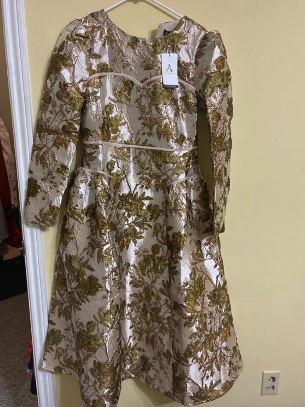 Long-Sleeve Floral Jacquard Fit & Flare Dress in Cream and Gold